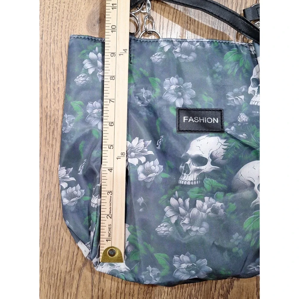 Fashion Purse Black Tote Bag with White Skulls and Green Floral Design